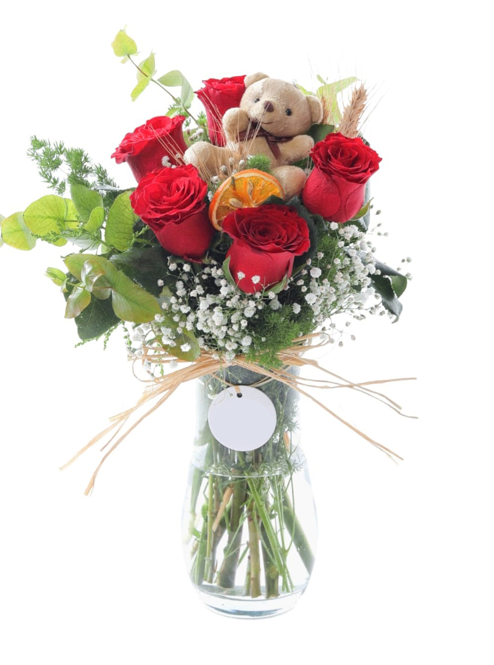 Vazoda 5 Kırmızı Gül ve Ayıcıklar