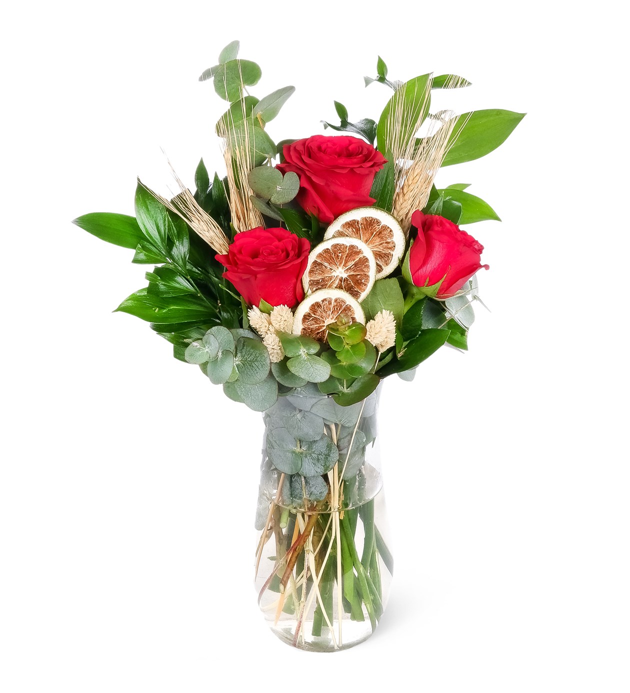 Vazoda Harika Kırmızı Güller ve Okaliptuslar